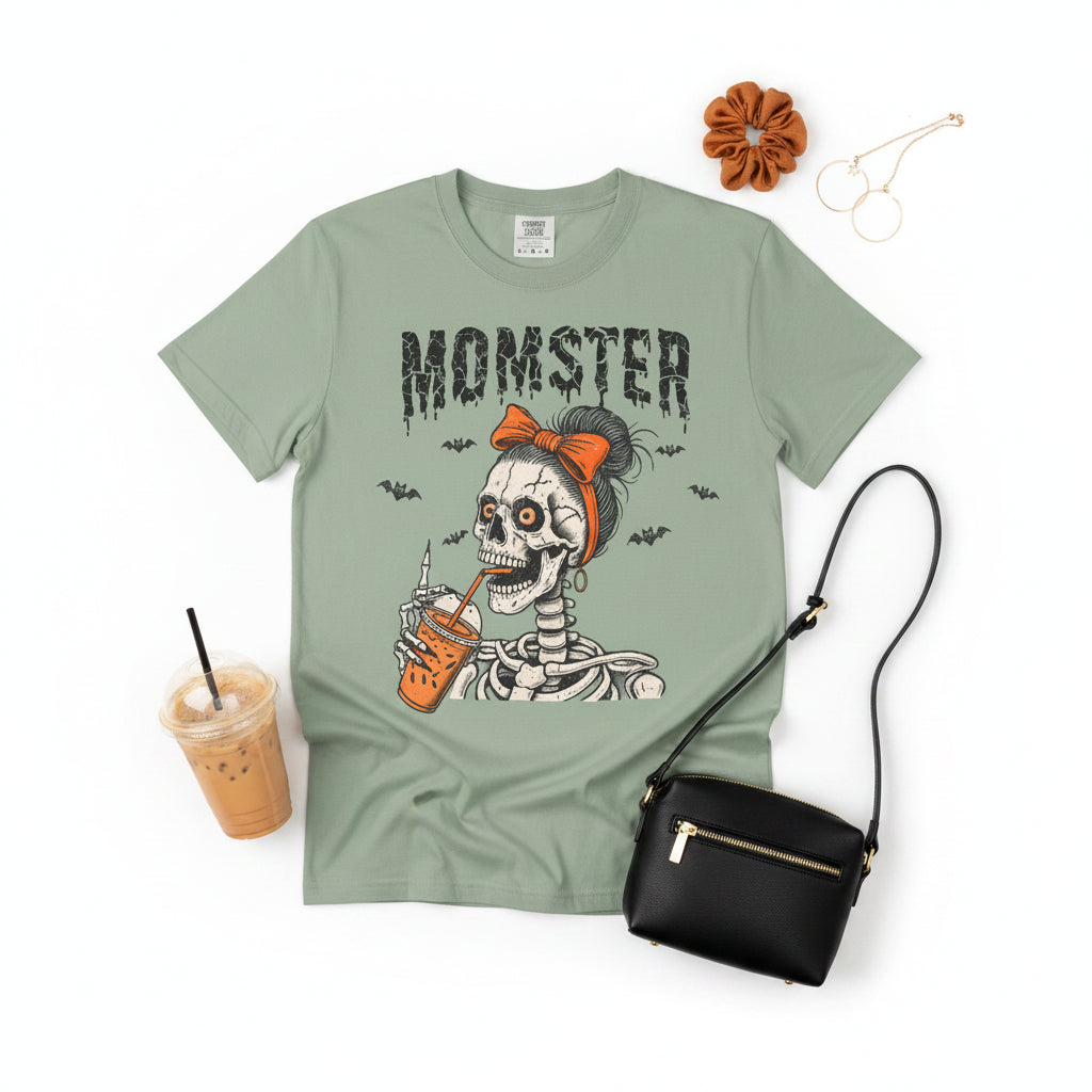 A sage green short-sleeve t-shirt with a graphic of a skeleton woman wearing an orange bow and holding an orange drink, with the word 'MOMSTER' printed above in a distressed black font.