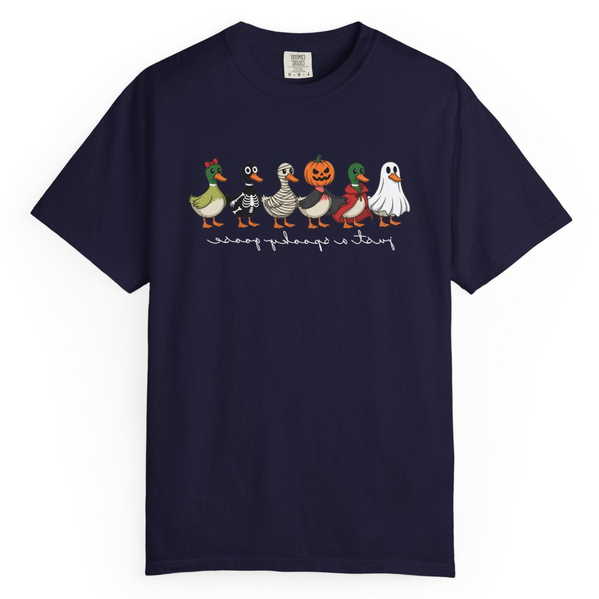 Navy blue t-shirt with 6 geese dressed in halloween costumes with a spooky goose printed underneath