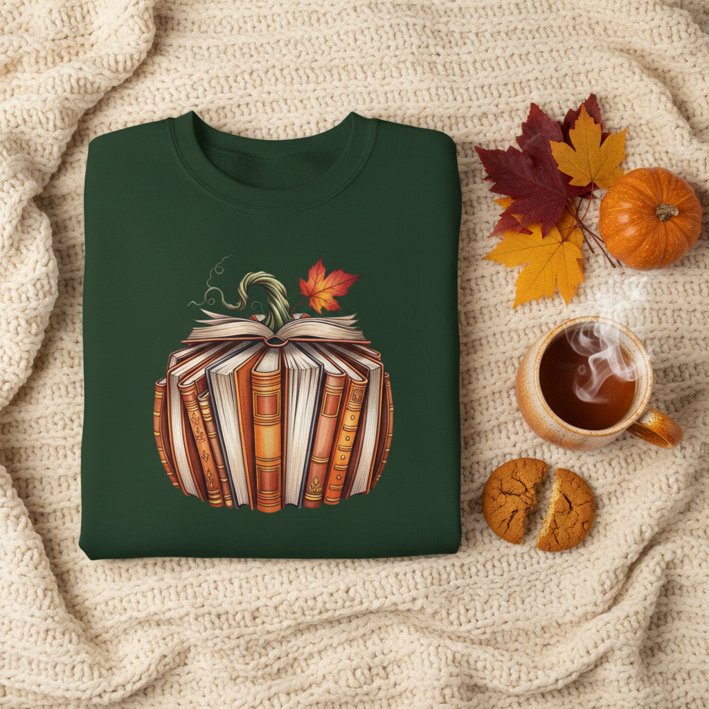 A dark green crewneck sweatshirt featuring a graphic print of an open book styled as a pumpkin, with autumn leaves and a vine on top, shown against a plain white background.