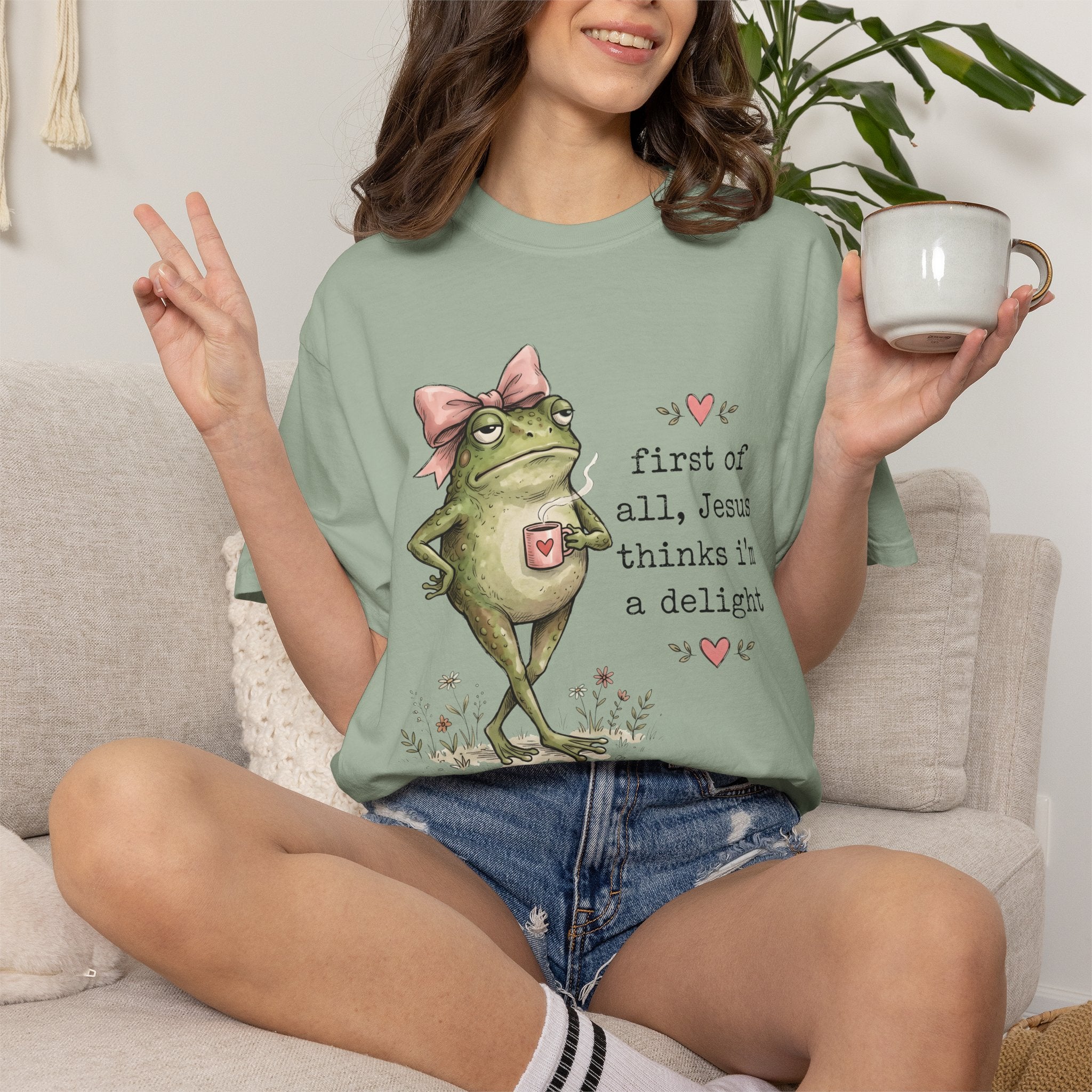 Christian Frog Funny Graphic Tee — "First of All, Jesus Thinks I'm a Delight" Coffee T-Shirt