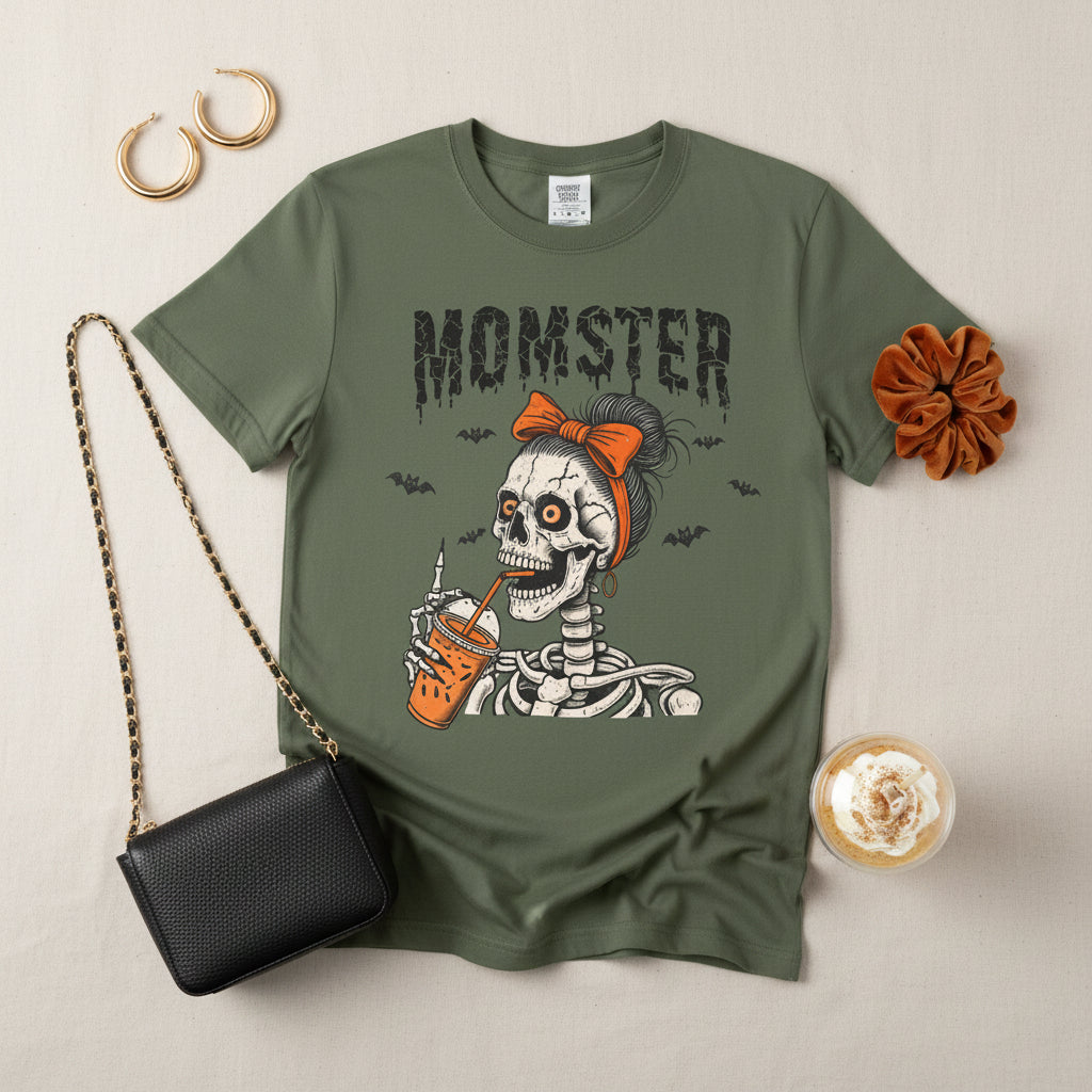 An olive green short-sleeve t-shirt with a graphic of a skeleton woman wearing an orange bow and holding an orange drink, with the word 'MOMSTER' printed above in a distressed black font.