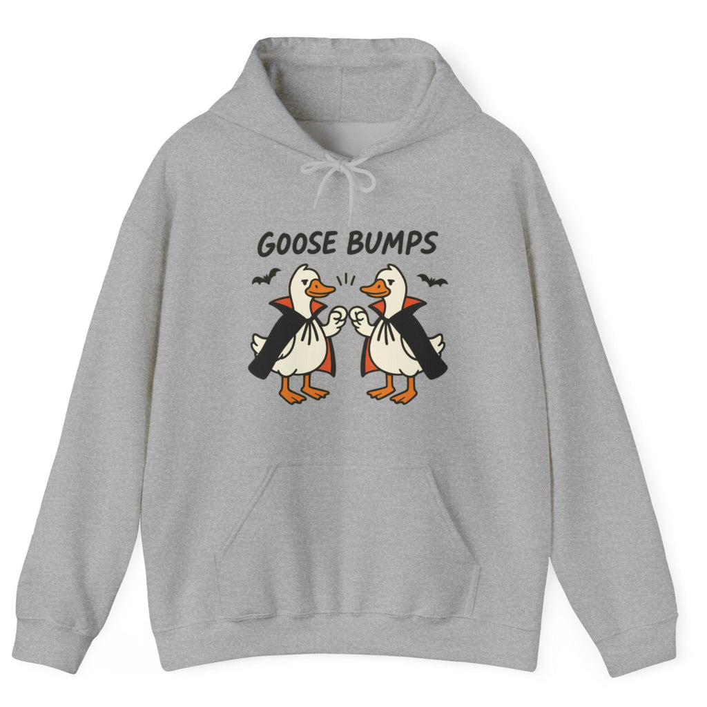 Gray hoodie with two geese dressed as vampires doing fist bumps