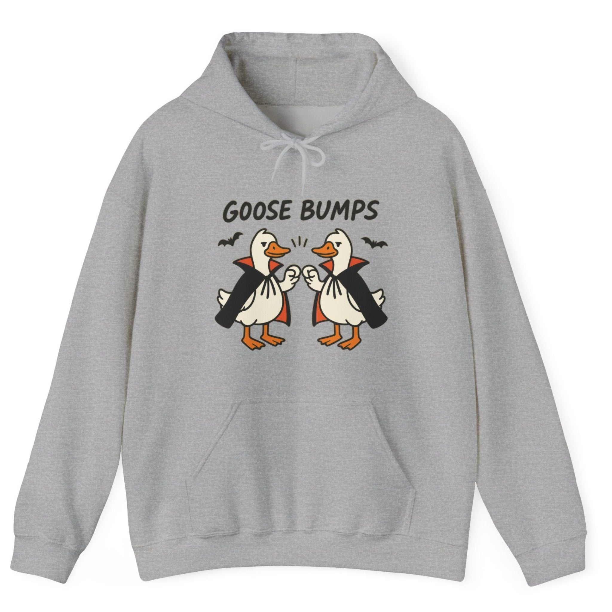 Gray hoodie with two geese dressed as vampires doing fist bumps