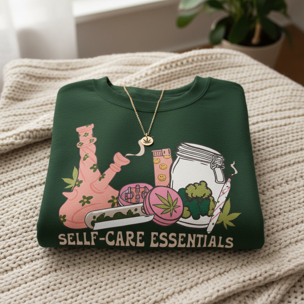 A Forest Green crewneck sweatshirt featuring a colorful graphic of self-care and healing items, including a pink bong, a jar, a cup, and a rolling machine, with the text 'SELF-CARE ESSENTIALS' printed below.