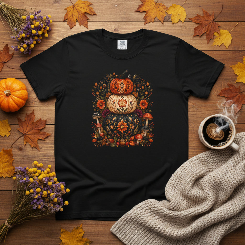Halloween Stacked Pumpkins T-Shirt — Autumn Floral Boho Tee