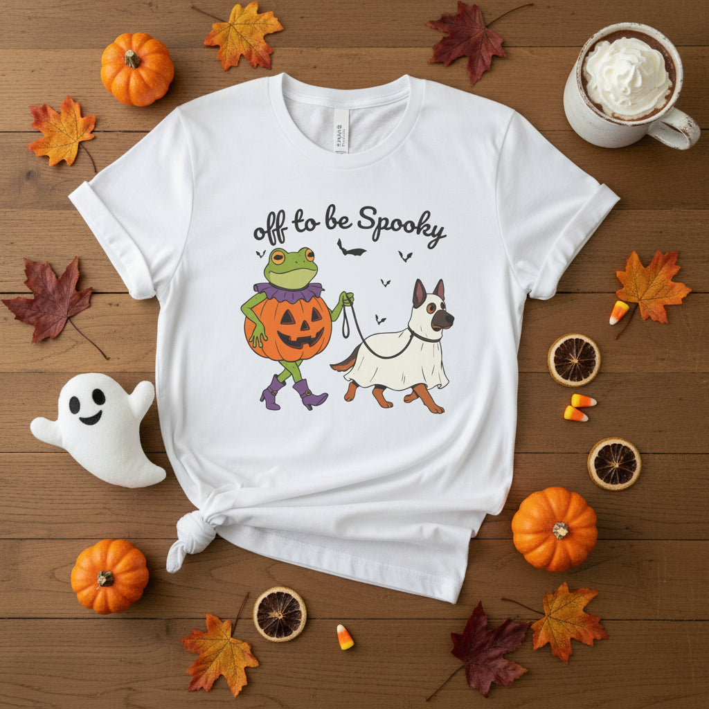 A white short-sleeve crewneck t-shirt featuring a Halloween graphic of a green frog in a pumpkin costume and a brown and white dog in a white costume, with the text 'off to be Spooky' above them.