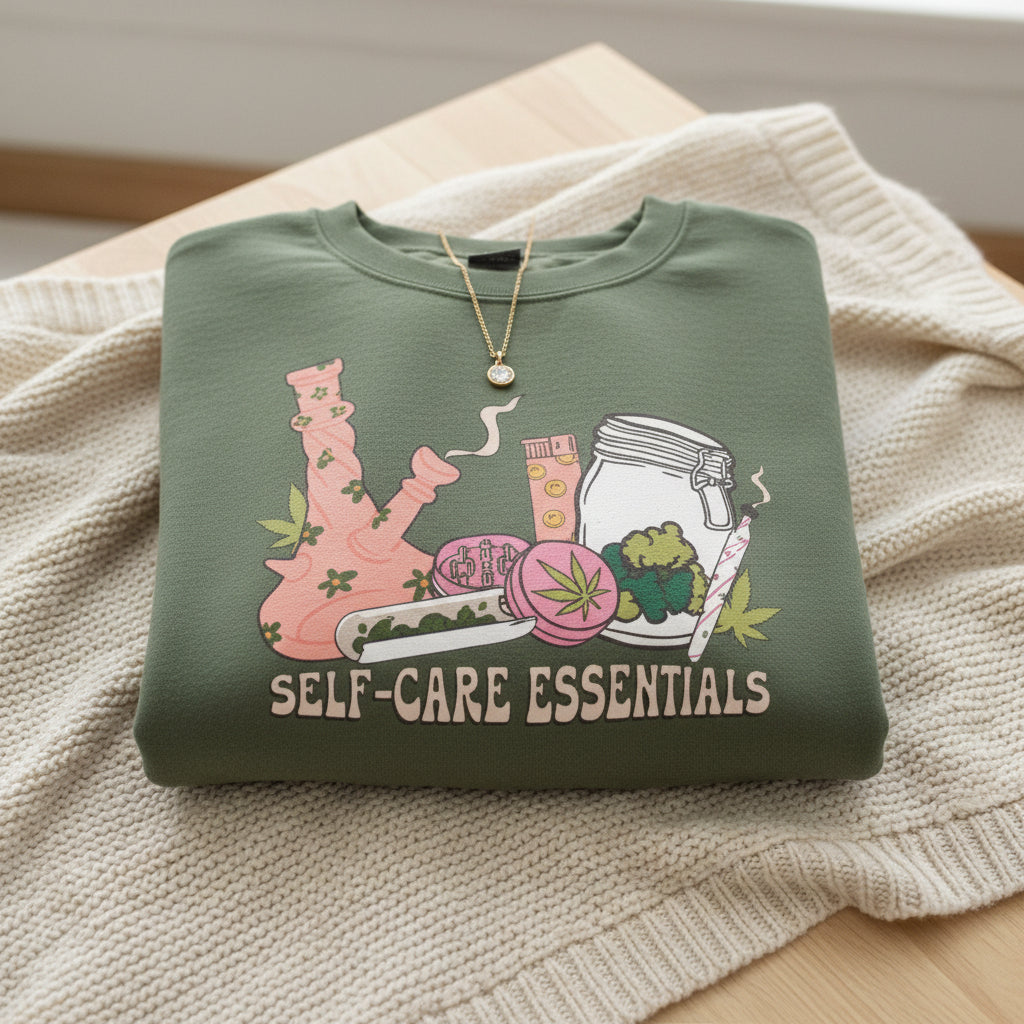 An Military green crewneck sweatshirt featuring a colorful graphic of self-care essentials (a pink bong, a jar, a pink cup, and a green flower) with the text 'SELF-CARE ESSENTIALS' printed below it, displayed on a clean white background.