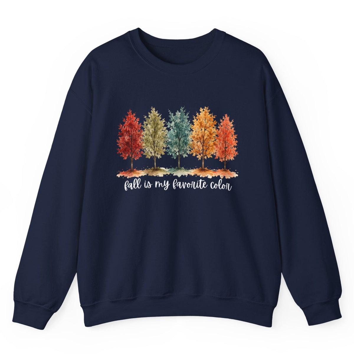 A navy blue crewneck sweatshirt featuring a graphic of five colorful autumn trees in red, gold, green, orange, and yellow, with the white cursive text 'fall is my favorite color' printed below.