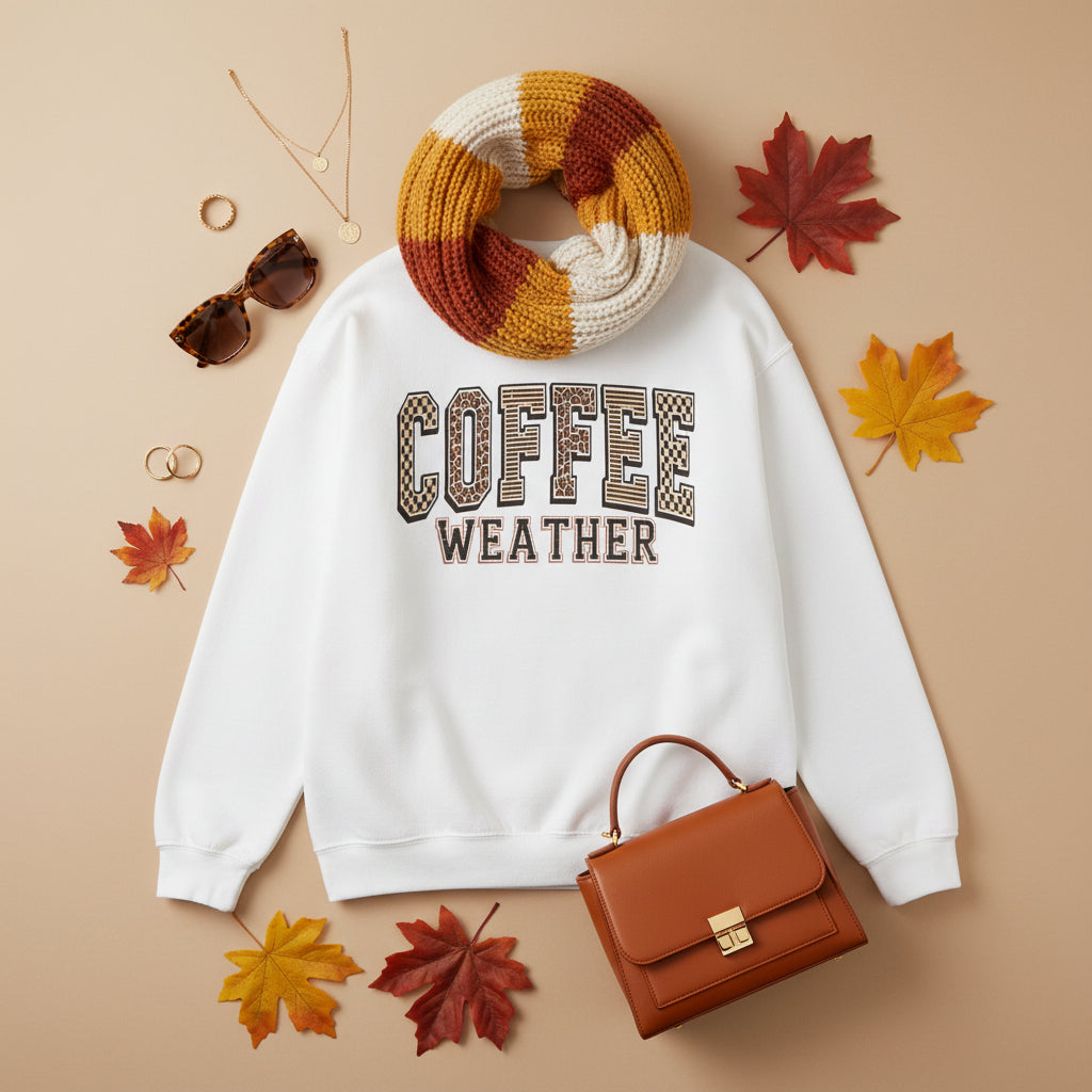 A white  crewneck sweatshirt featuring the text 'COFFEE WEATHER' printed on the chest. The words 'COFFEE' and 'WEATHER' are styled in a collegiate font with a brown and beige checkerboard pattern inside the letters, outlined in black