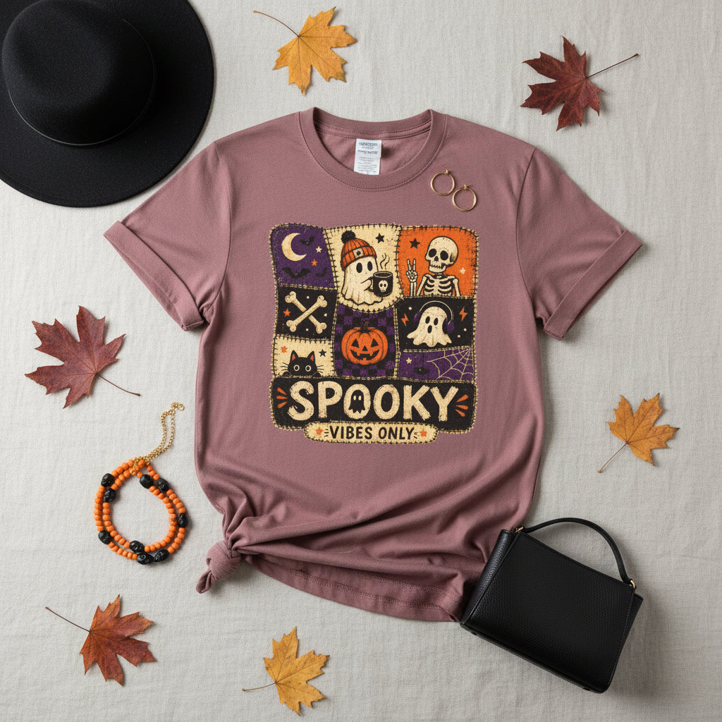 A dusty rose short-sleeve crewneck t-shirt featuring a central square graphic with a patchwork Halloween theme and the text 'SPOOKY VIBES ONLY'.