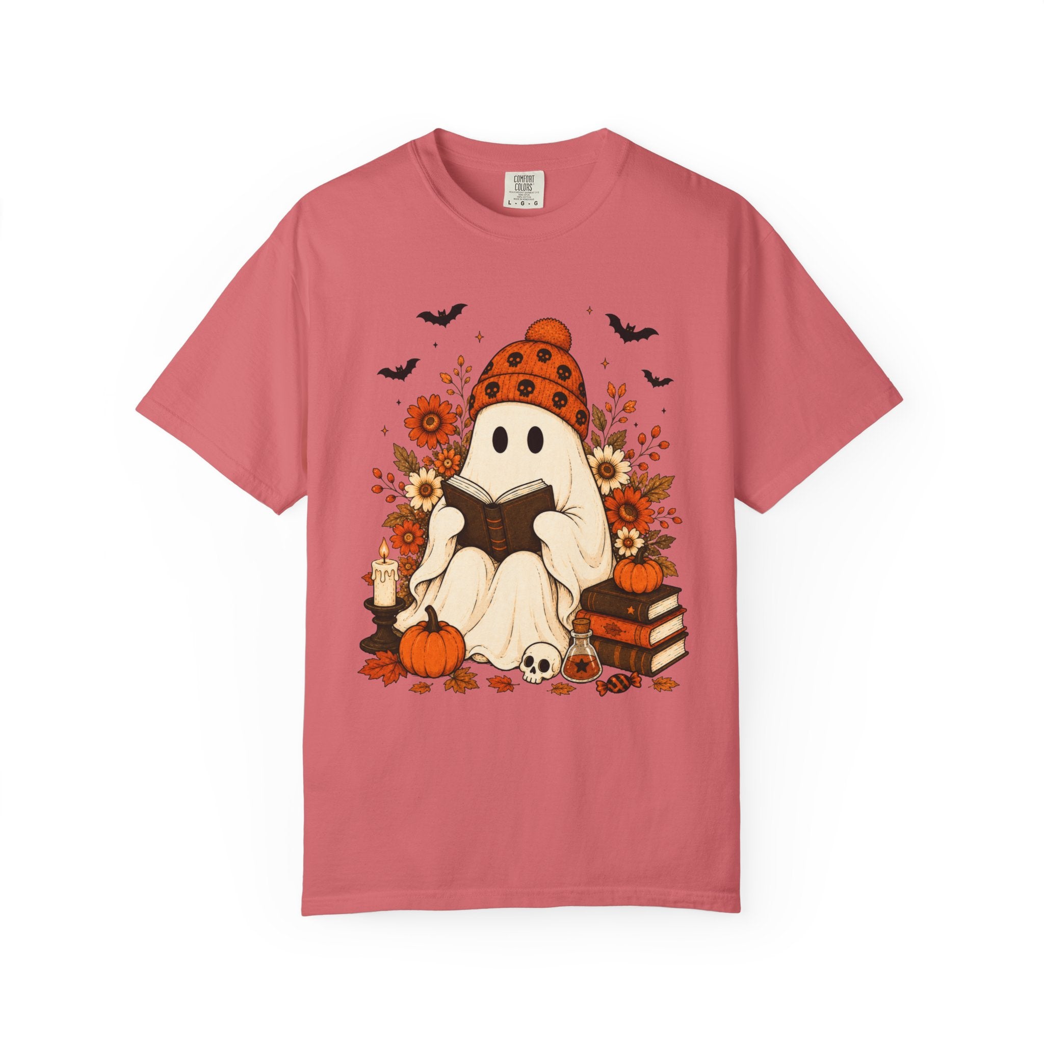 Cozy Halloween Ghost Tee — Reading Ghost with Pumpkin & Books