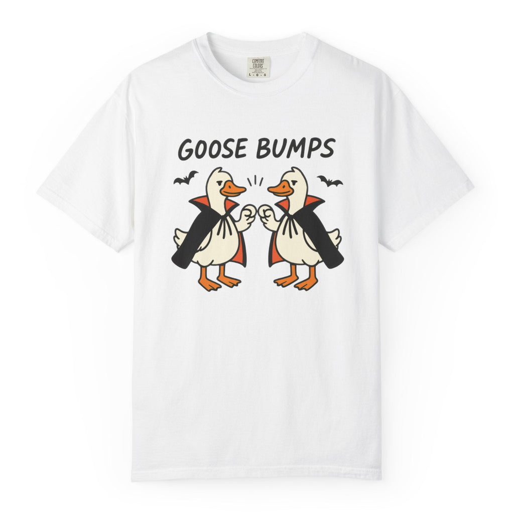 A white short-sleeve crewneck t-shirt featuring a graphic of two cartoon geese in black and orange vampire costumes bumping fists, with the text 'GOOSE BUMPS' above them.