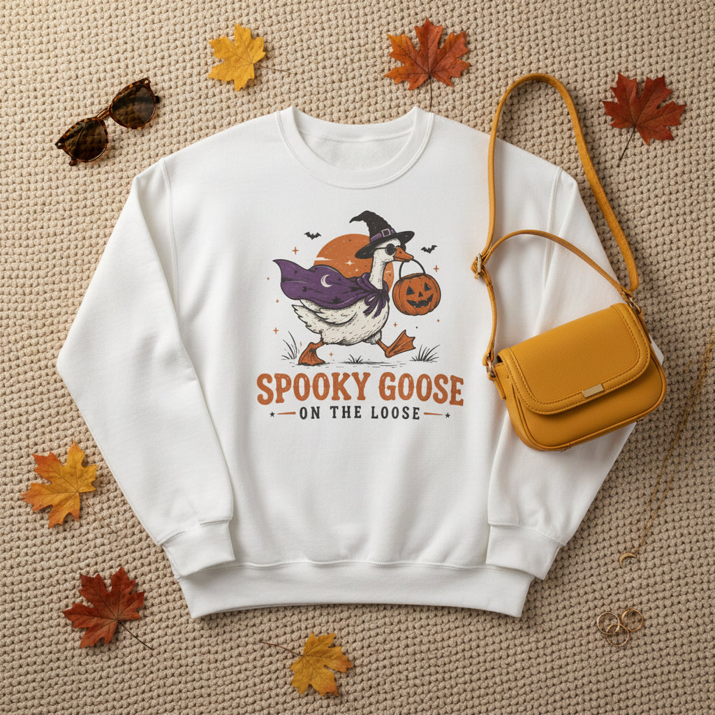 Awhite  crewneck sweatshirt featuring a cartoon graphic of a goose dressed as a witch holding a jack-o'-lantern, with the text 'SPOOKY GOOSE ON THE LOOSE' printed below.