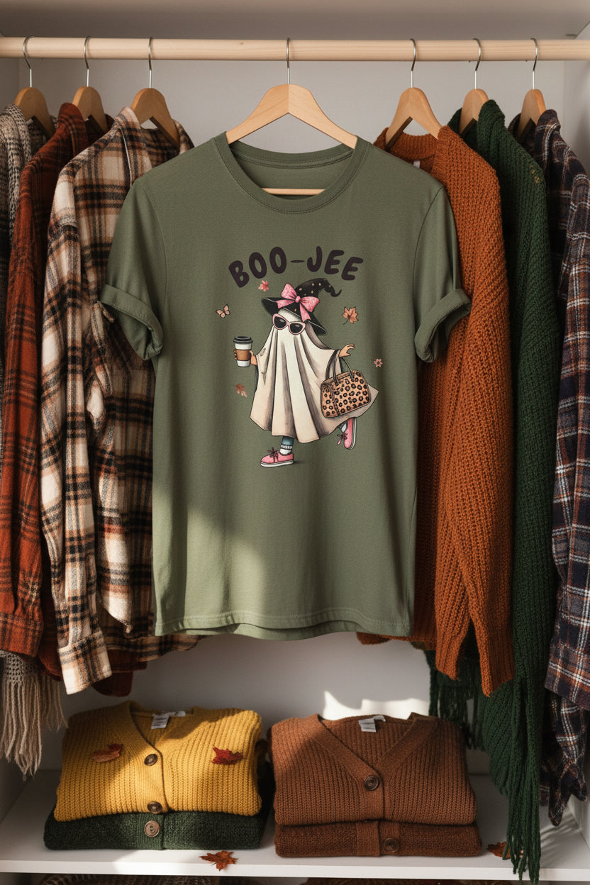 An olive green short-sleeve t-shirt with a cartoon graphic of a ghostly dog dressed as a witch holding a coffee cup, next to the text 'BOO-JEE'.