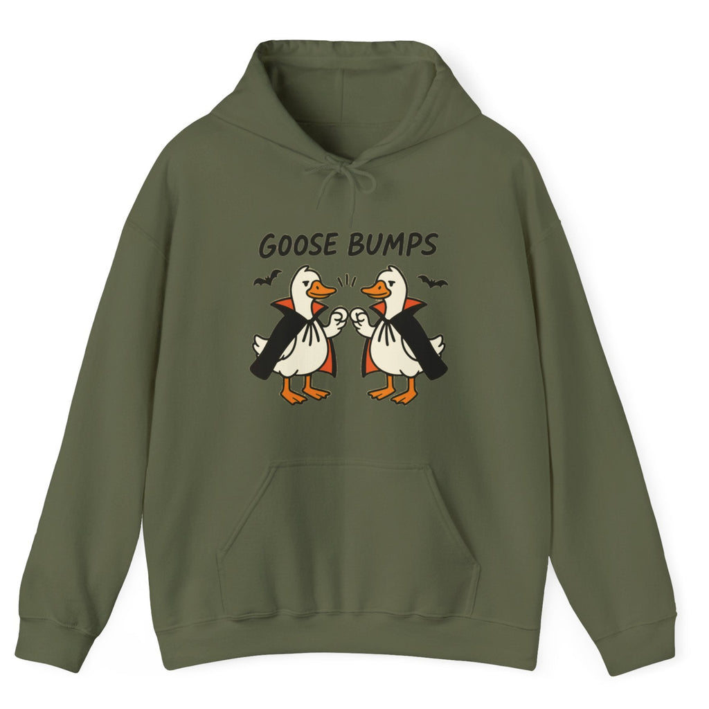 A military green hoodie with a graphic of two geese in black and white costumes with orange beaks, under the text 'GOOSE BUMPS'. 