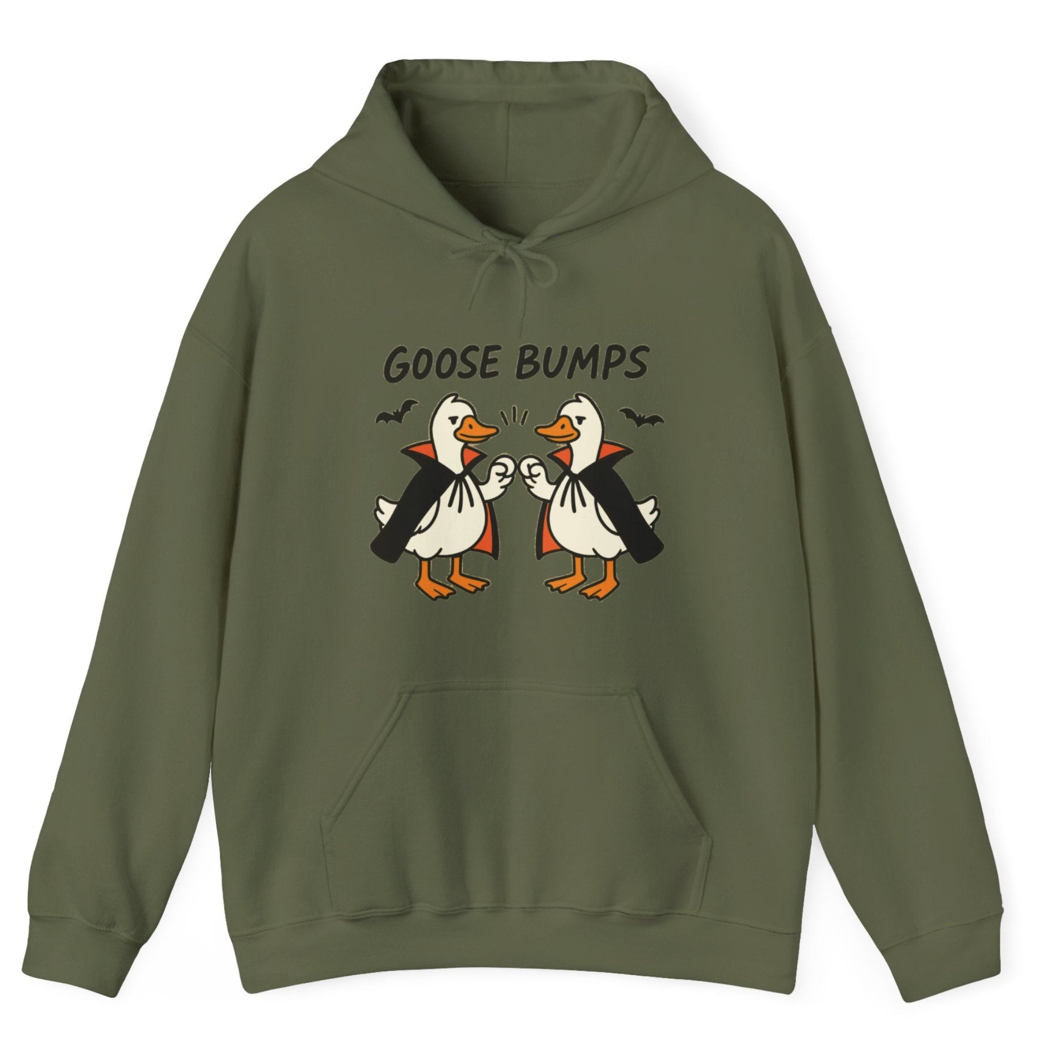 A military green hoodie with a graphic of two geese in black and white costumes with orange beaks, under the text 'GOOSE BUMPS'. 