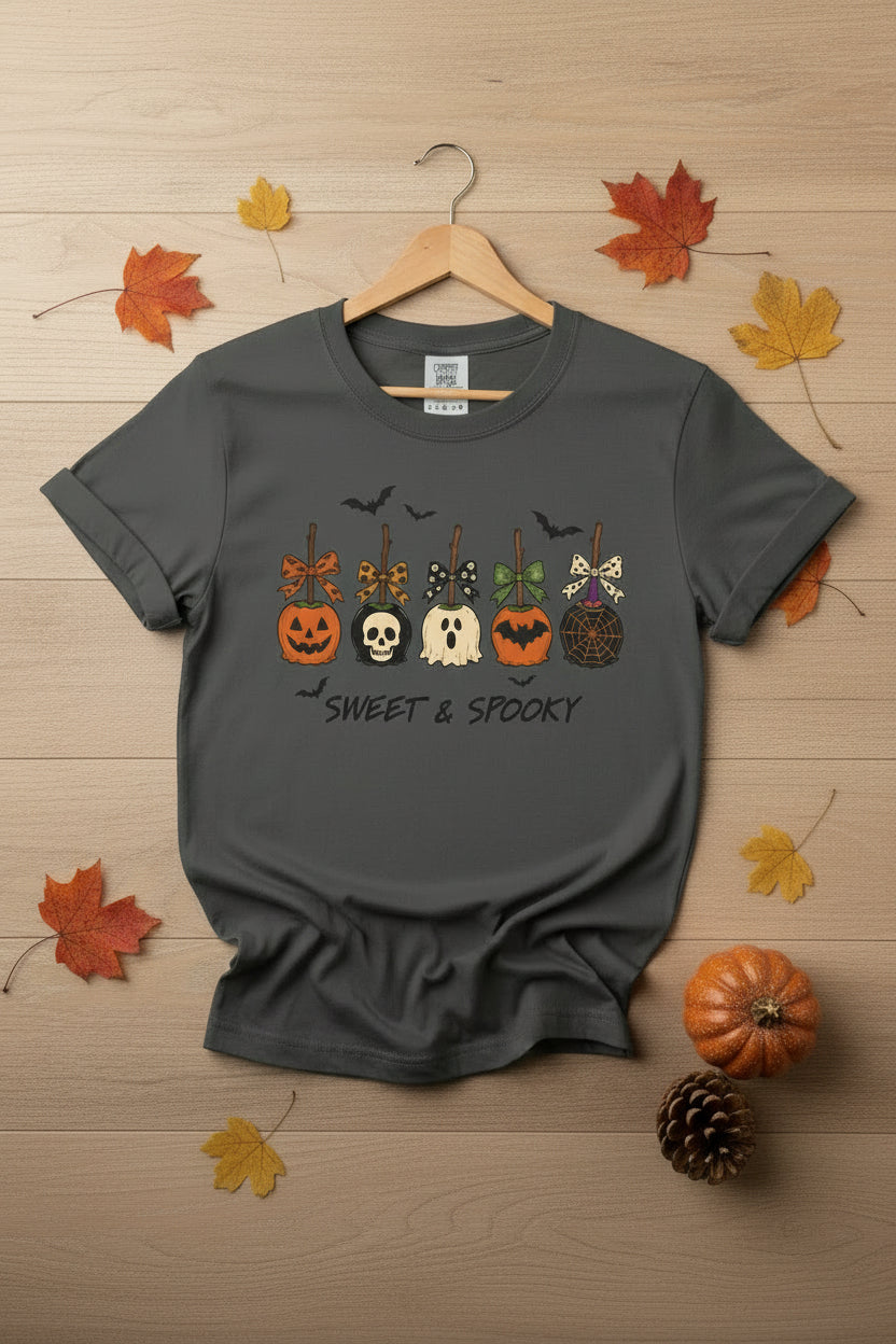 Halloween 'Sweet & Spooky' T-Shirt — Candy Apple & Pumpkin Halloween Tee