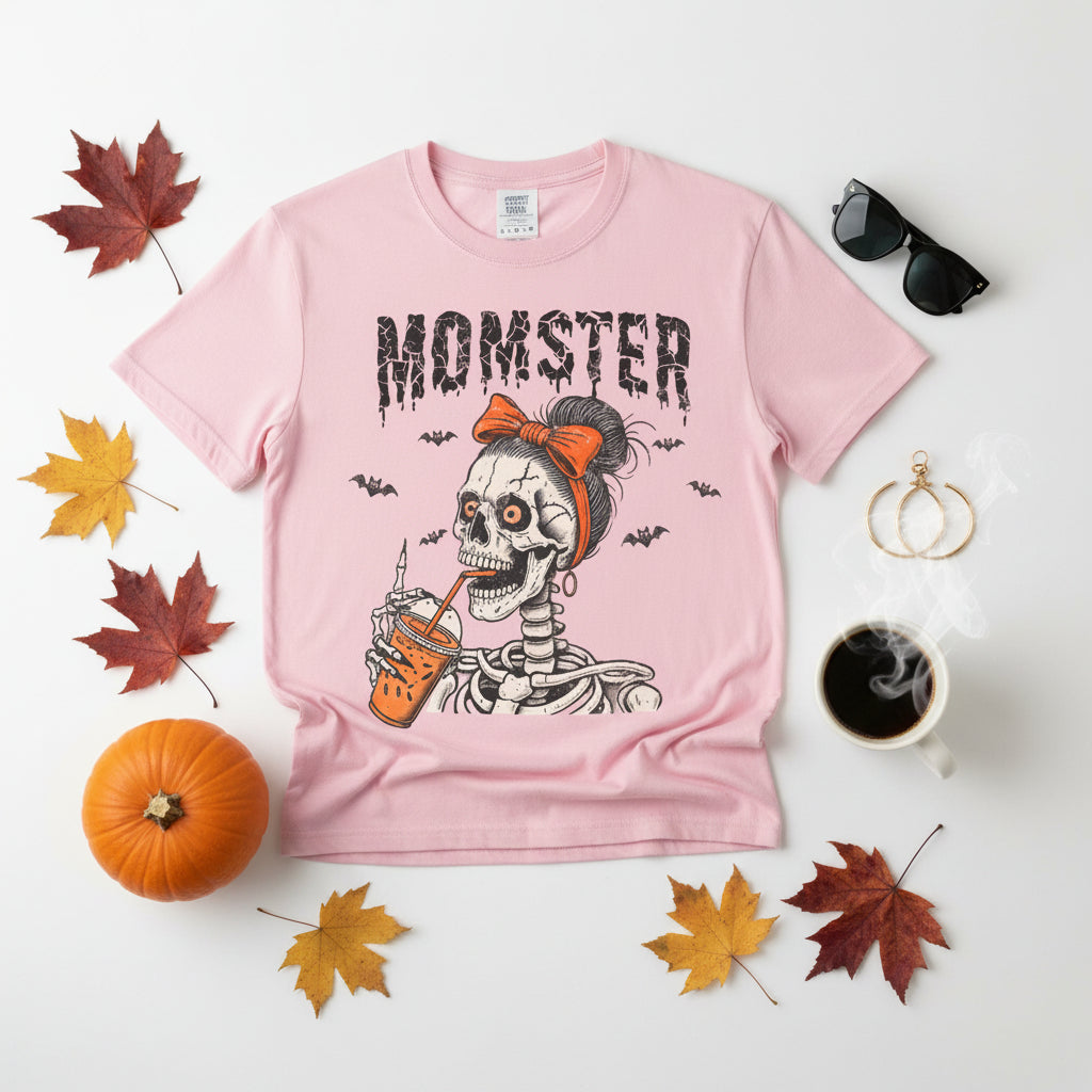 A light pink short-sleeve crewneck t-shirt featuring a Halloween graphic of a skeleton woman with an orange bow holding an orange drink, with the word 'MOMSTER' printed above.