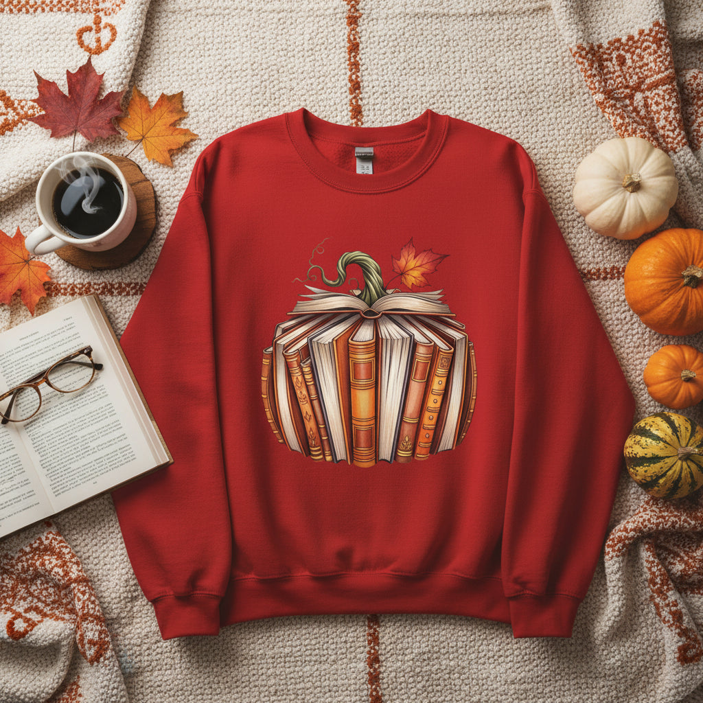 A red crewneck sweatshirt featuring a graphic of a pumpkin made from stacked open books with a green stem and an orange autumn leaf on top, shown against a plain white background.