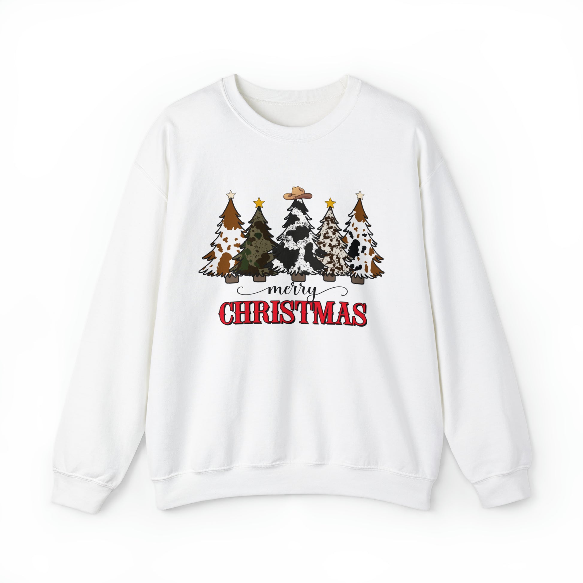 Cowboy and Cowgirl Christmas Sweatshirt, Cute Cowhide Christmas Tree Sweatshirt, Western Holiday Cozy Sweater, Christmas Shirt Gift Idea - Teez Closet