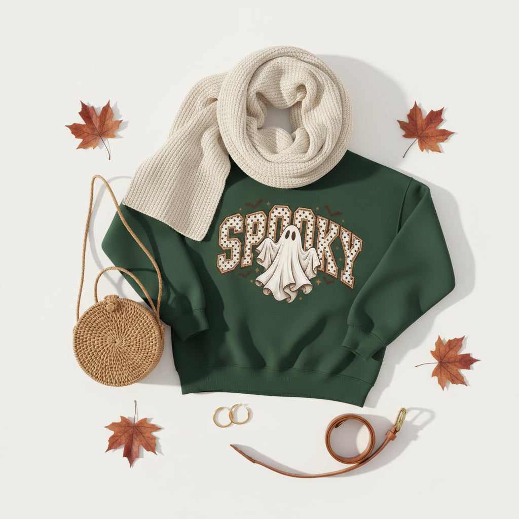 A dark green crewneck sweatshirt featuring a 'Spooky' graphic on the chest with a white ghost and brown polka-dot lettering, displayed on a clean white background.