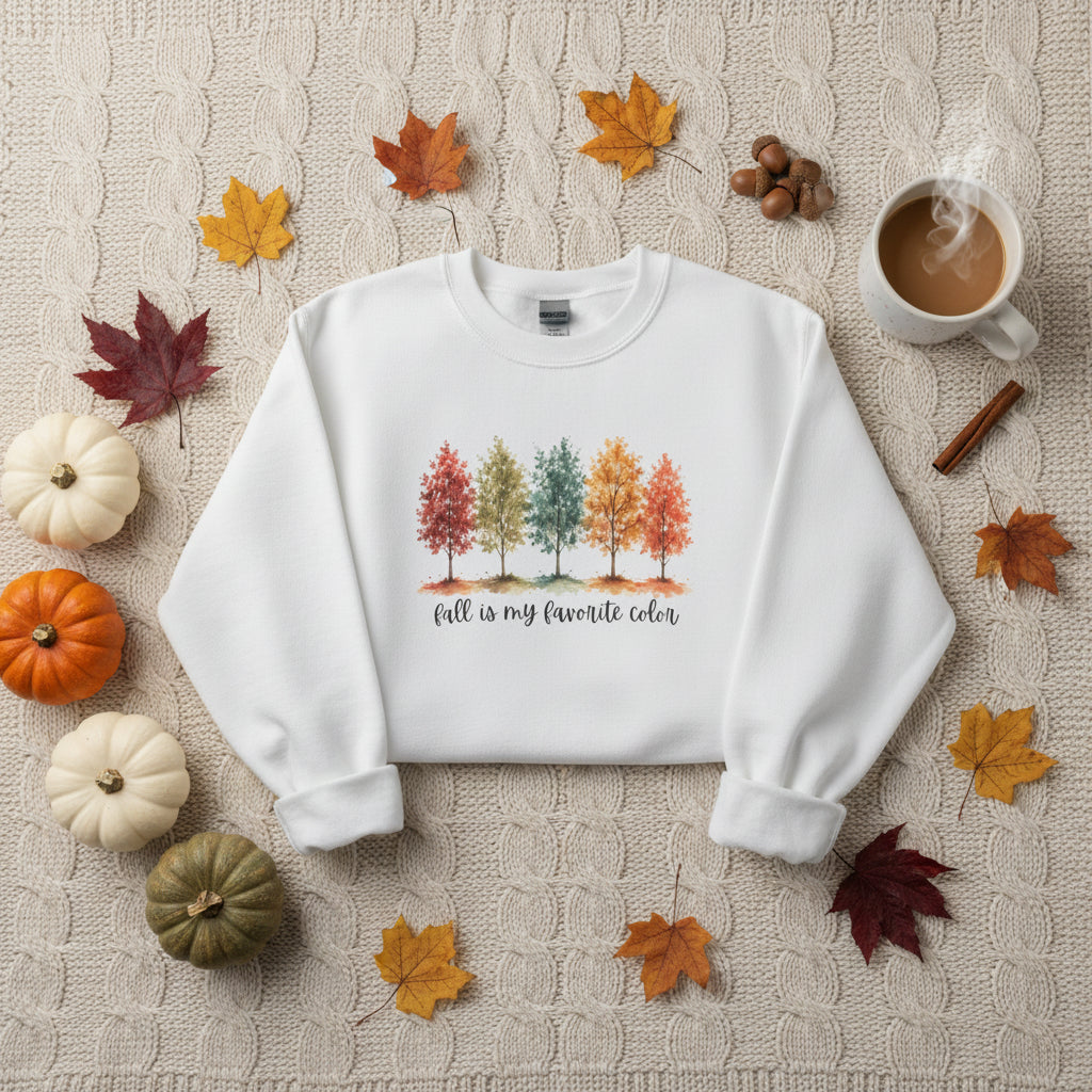 An white crewneck sweatshirt featuring a graphic of five colorful autumn trees in red, green, and orange, with the text 'fall is my favorite color' printed below in black script.