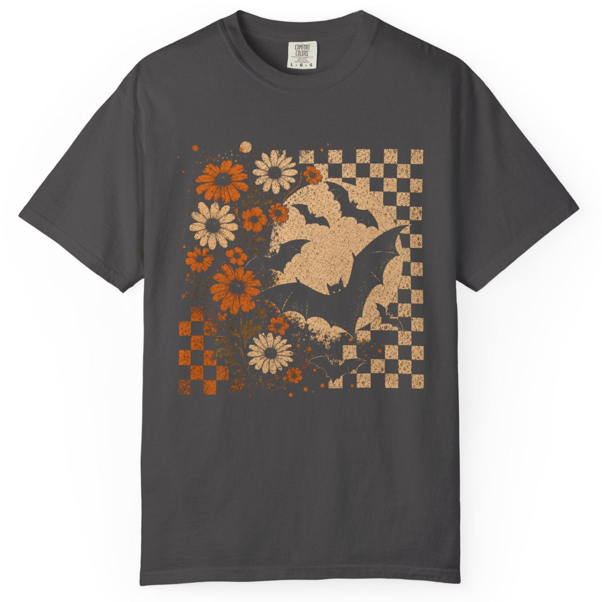 A dark gray short-sleeve t-shirt with a vintage-style graphic print on the front. The print features a silhouette of a person riding a horse, surrounded by orange and cream daisies, and framed by a beige and dark gray checkerboard pattern.