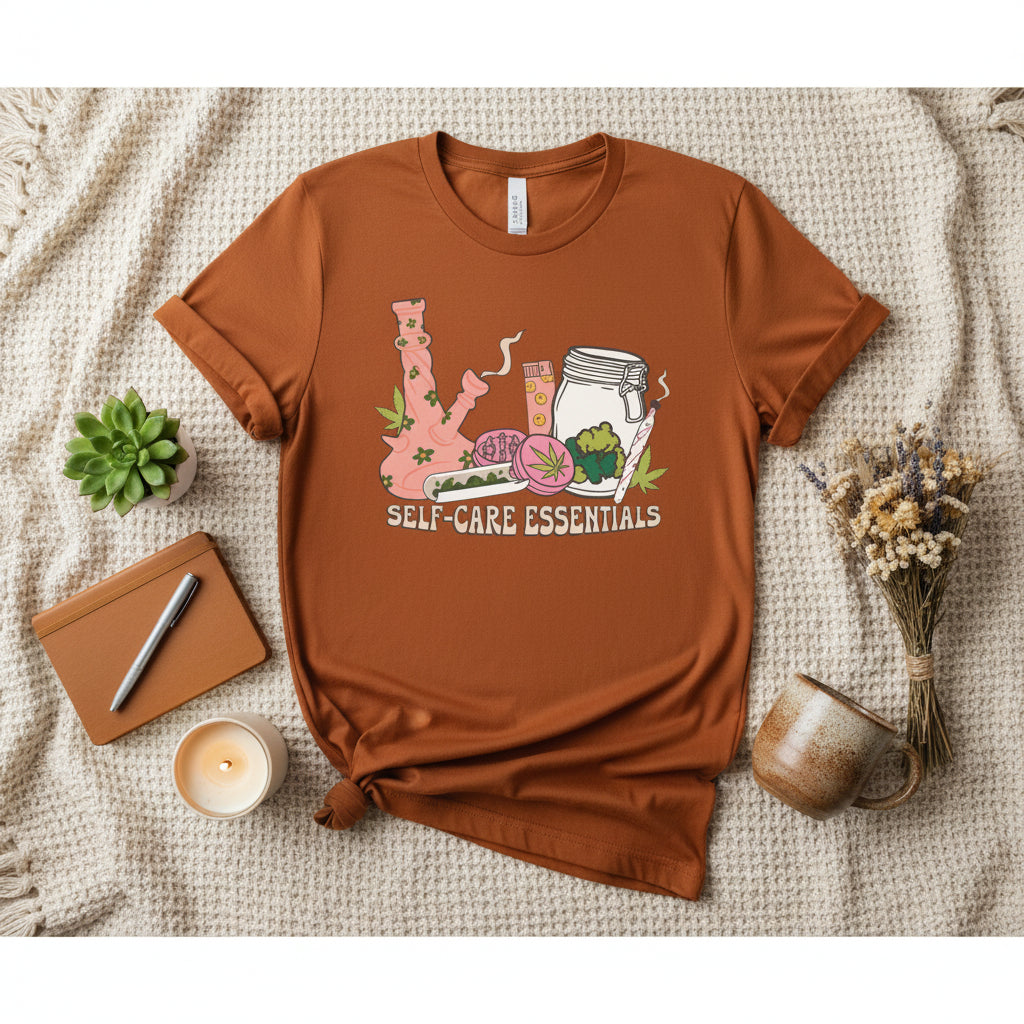 A rust-orange short-sleeve crewneck t-shirt featuring a colorful graphic of self-care and healing items spelling out 'SELF-CARE ESSENTIALS' on the front, set against a plain white background.