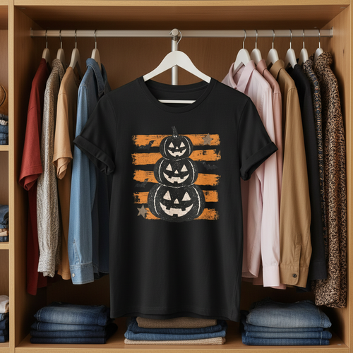 Stacked Jack-o'-Lanterns Pumpkin Stripe T-shirt | Halloween Tee