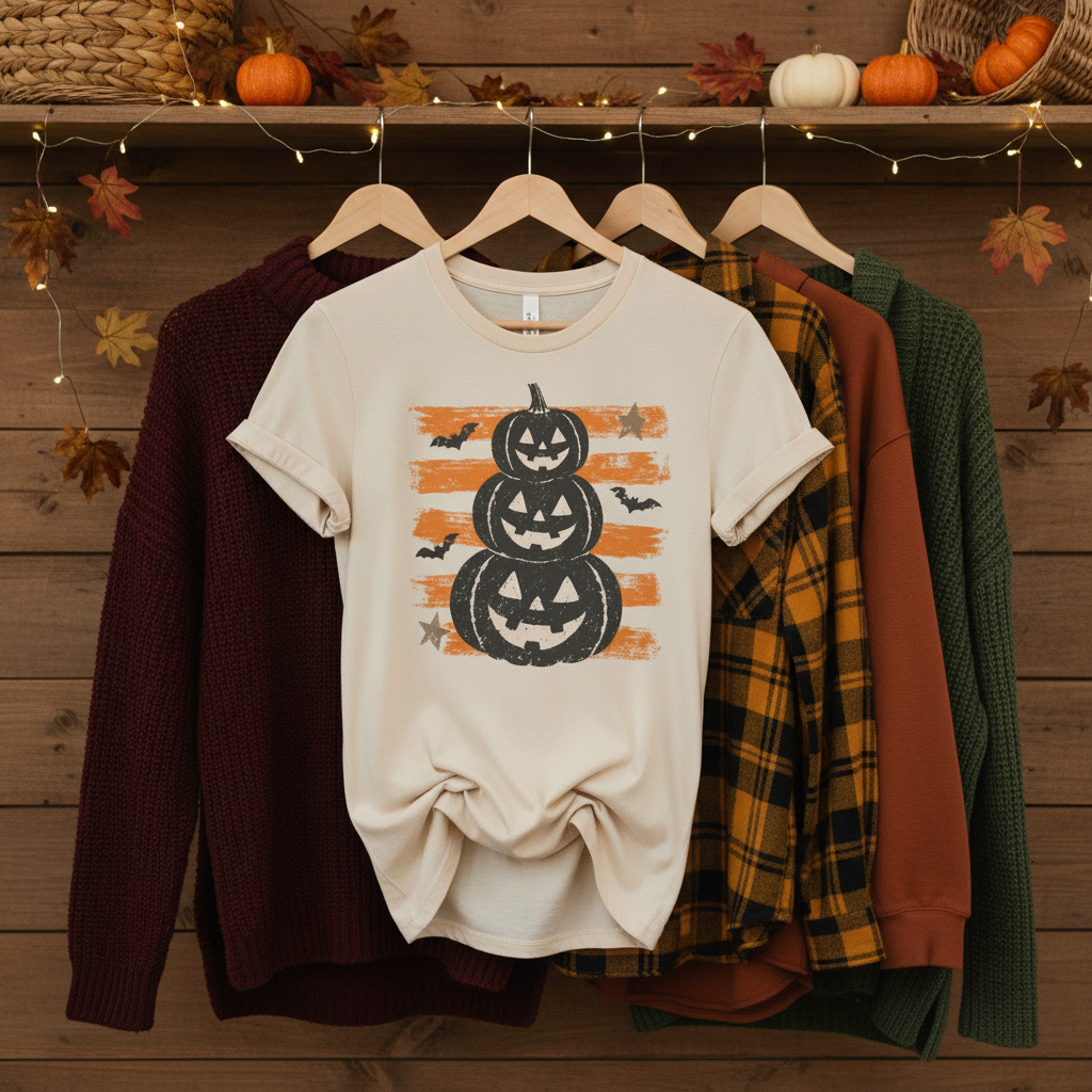 Stacked Jack-o'-Lanterns Pumpkin Stripe T-shirt | Halloween Tee