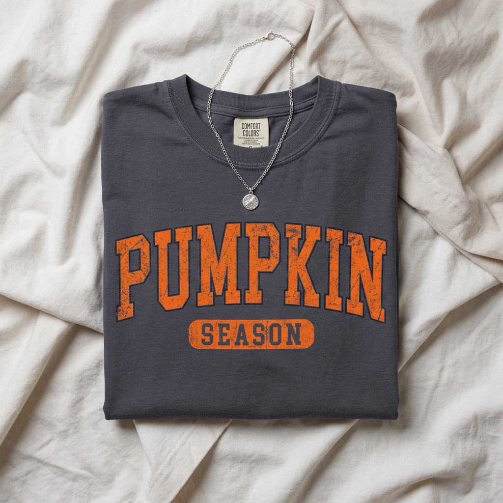 A folded Navy t-shirt with 'PUMPKIN SEASON' printed in orange on the front, styled on a beige fabric background with a silver necklace draped over the collar.