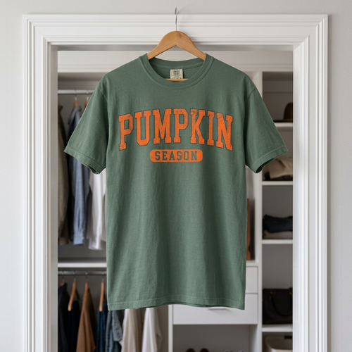 A Blue Spruce short-sleeve t-shirt with orange text reading 'PUMPKIN SEASON' hanging on a wooden hanger in front of an open white closet door.