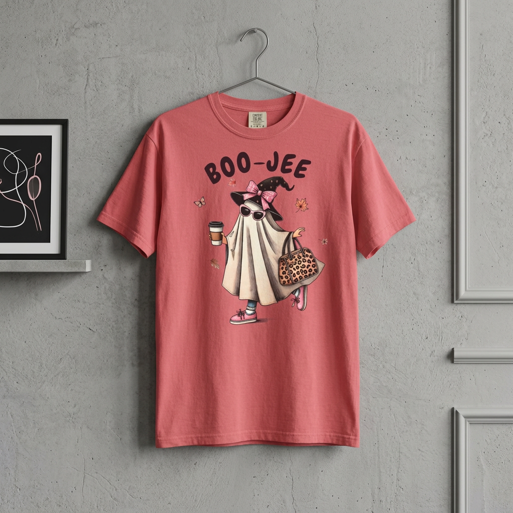 Boo-Jee Ghost T-Shirt — Cute Ghost with Coffee & Leopard Tote, Halloween Cozy Tee