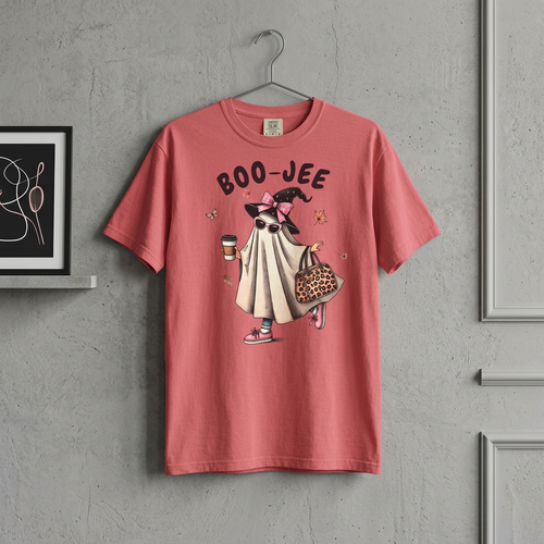Boo-Jee Ghost T-Shirt — Cute Ghost with Coffee & Leopard Tote, Halloween Cozy Tee