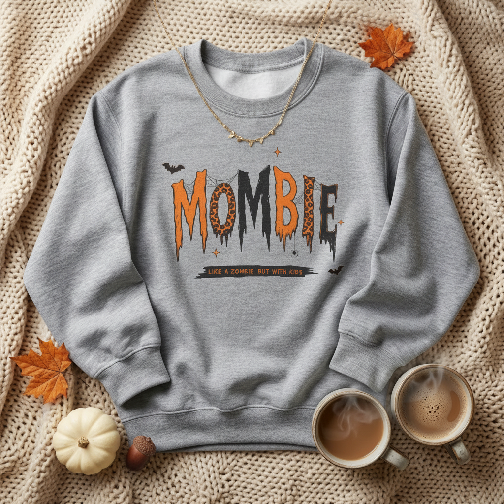 A heather gray crewneck sweatshirt with a Halloween-themed 'MOMBIE' graphic, styled flat on a beige knit blanket with two coffee cups.