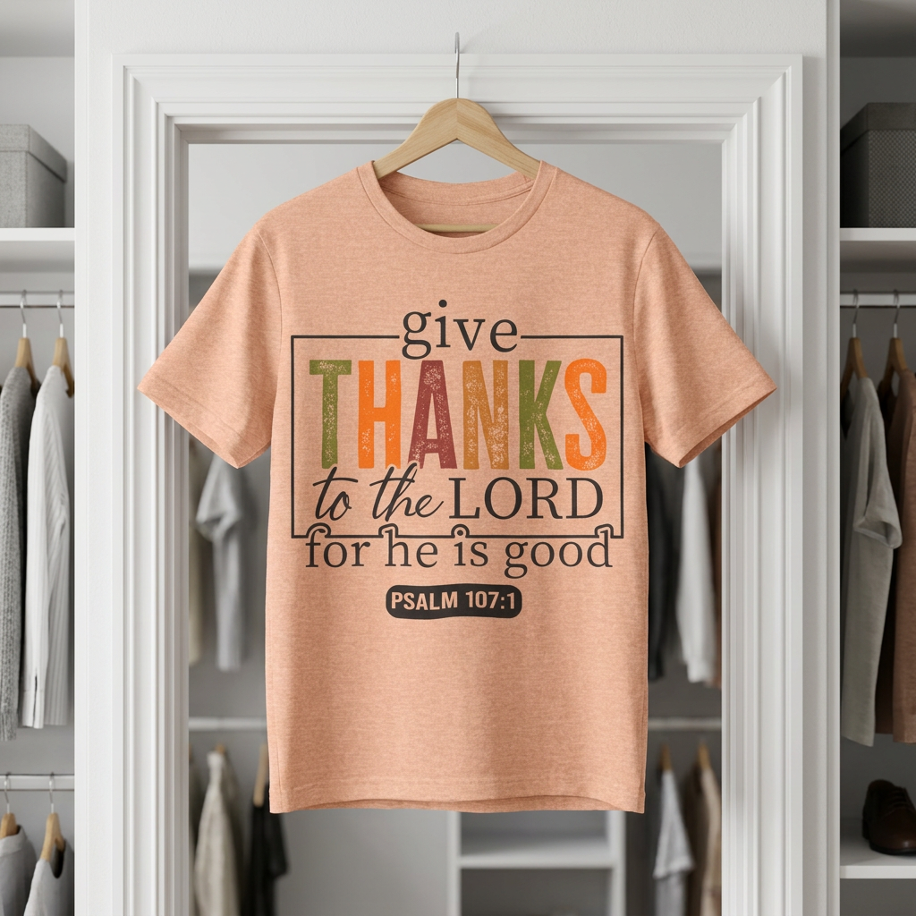A peach-colored graphic t-shirt hanging on a wooden hanger in front of a white closet door. The shirt features a multi-colored graphic print that reads 'give THANKS to the LORD for he is good PSALM 107:1'.