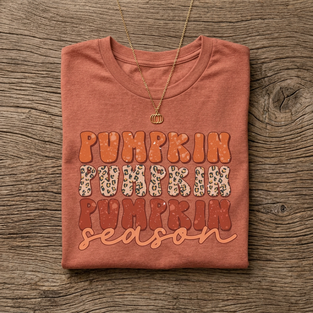 A folded heather clay t-shirt with a 'Pumpkin Pumpkin Pumpkin season' graphic print, styled on a rustic wood background with a gold necklace.