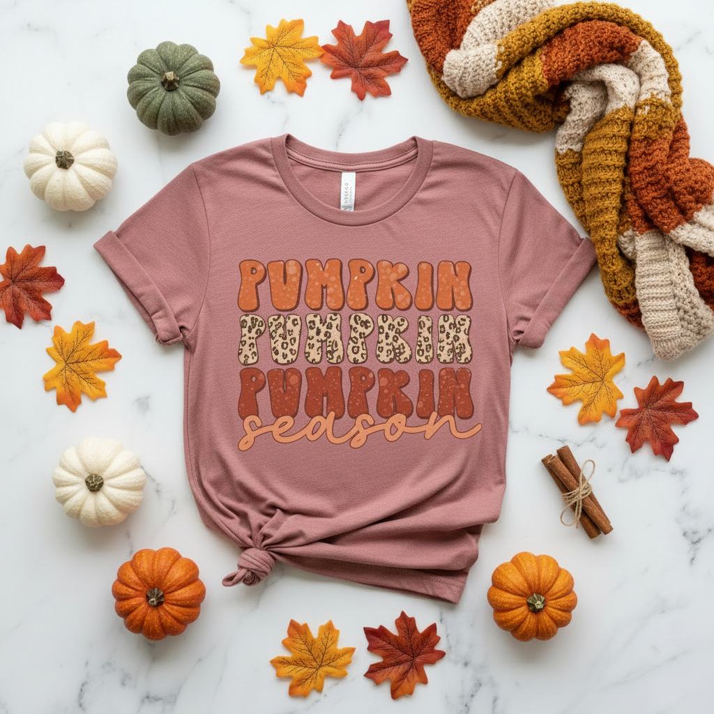 A heather mauve short-sleeve t-shirt with a 'Pumpkin Season' graphic print, laid flat on a white marble background. The graphic features 'Pumpkin' in orange, 'Pumpkins' in a leopard print pattern, and 'Season' in orange script.