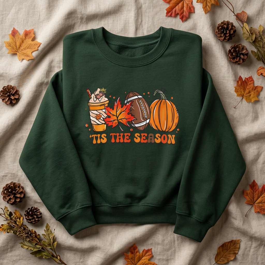 A dark green crewneck sweatshirt laid flat on a beige fabric background, surrounded by autumn leaves, pinecones, and dried botanicals. The sweatshirt features a colorful graphic of a fall drink, a football, a pumpkin, a leaf, and the text 'TIS THE SEASON'.