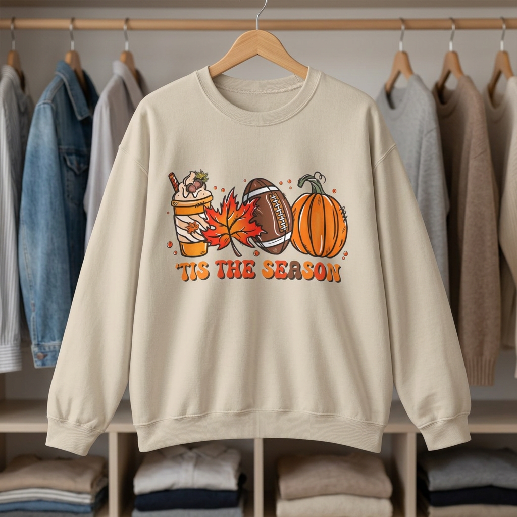 A sand colored crewneck sweatshirt hanging on a wooden hanger in a closet setting. The sweatshirt features a graphic print of a fall drink, a maple leaf, a football, a pumpkin, and the text 'TIS THE SEASON' in orange.