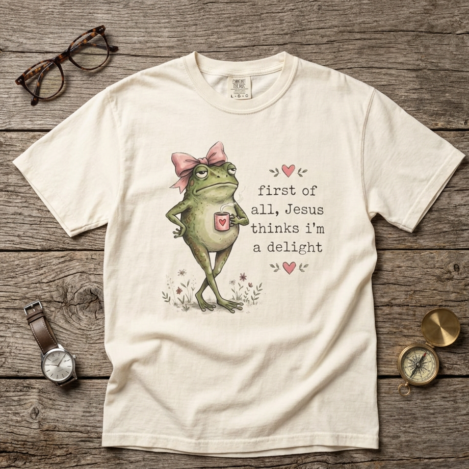 A cream-colored graphic t-shirt laid flat on a rustic wooden surface, surrounded by lifestyle props including a pair of glasses, a watch, and a pocket compass. The t-shirt features a cartoon illustration of a green frog wearing a pink bow and a small pink cross, next to the text 'first of all, Jesus thinks i'm a delight' in a vintage typewriter font.