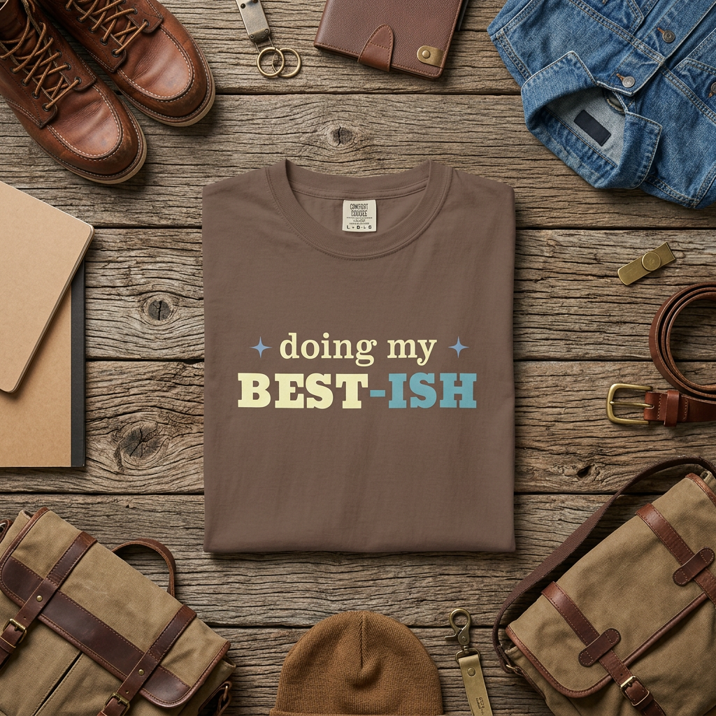 A brown crewneck t-shirt with the text 'doing my BEST-ISH' printed on the chest, styled in a flat-lay arrangement on a rustic wooden background with leather shoes, a denim jacket, a wallet, and canvas bags.
