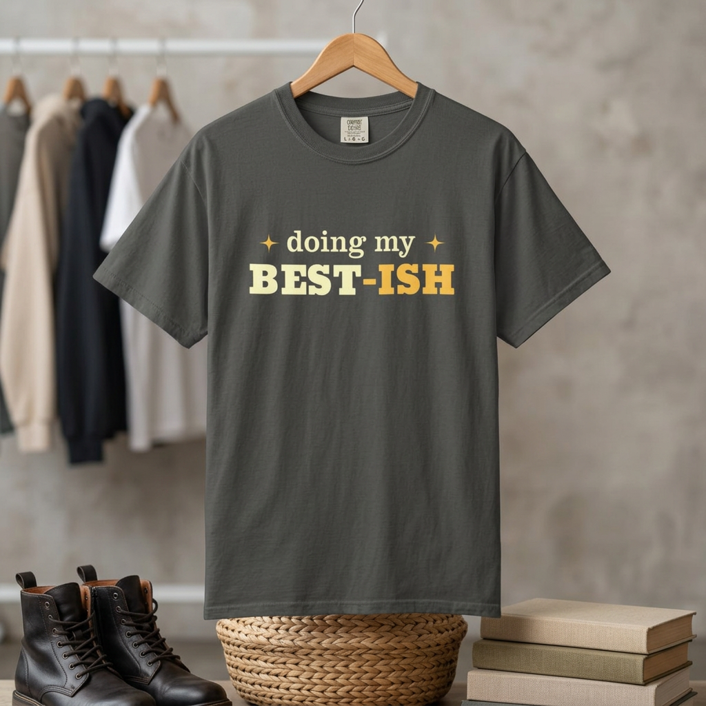 A dark charcoal gray t-shirt hanging on a wooden hanger, featuring the text 'doing my BEST-ISH' in a retro yellow and gold font on the chest. The shirt is displayed in a styled mockup setting with a woven basket, books, and leather boots in the foreground, and a clothing rack in the background.