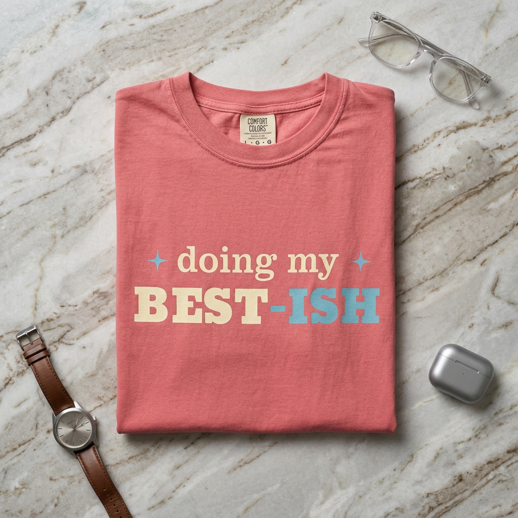 A folded coral pink t-shirt with the text 'doing my BEST-ISH' in cream and light blue, styled in a flat lay on a light marble surface with a watch, glasses, and earbuds case.