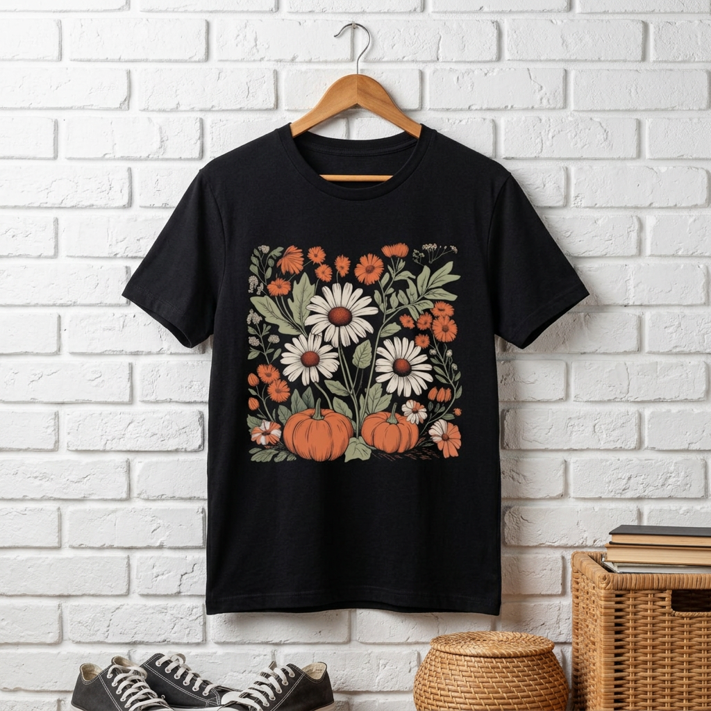 Boho Autumn Floral Pumpkins Tee-  Cute Fall Flower T-Shirt