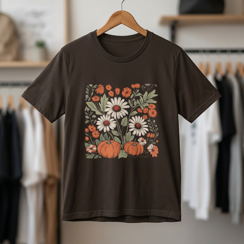 Boho Autumn Floral Pumpkins Tee-  Cute Fall Flower T-Shirt