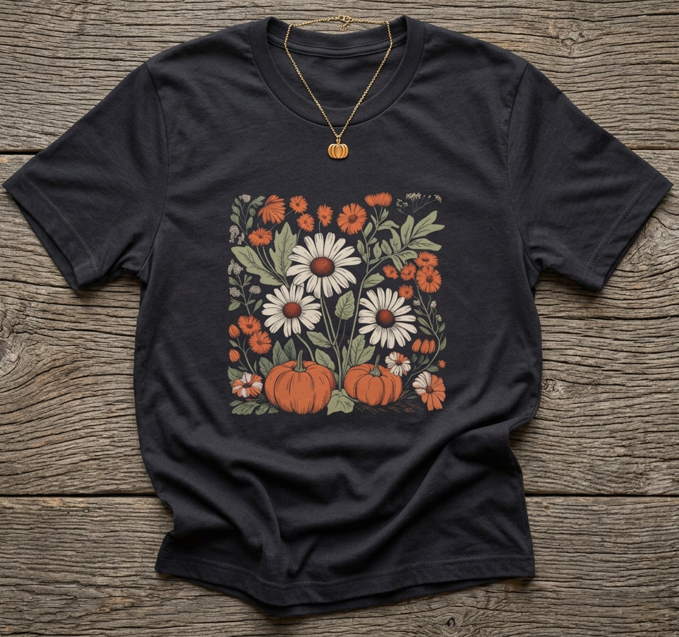 Boho Autumn Floral Pumpkins Tee-  Cute Fall Flower T-Shirt