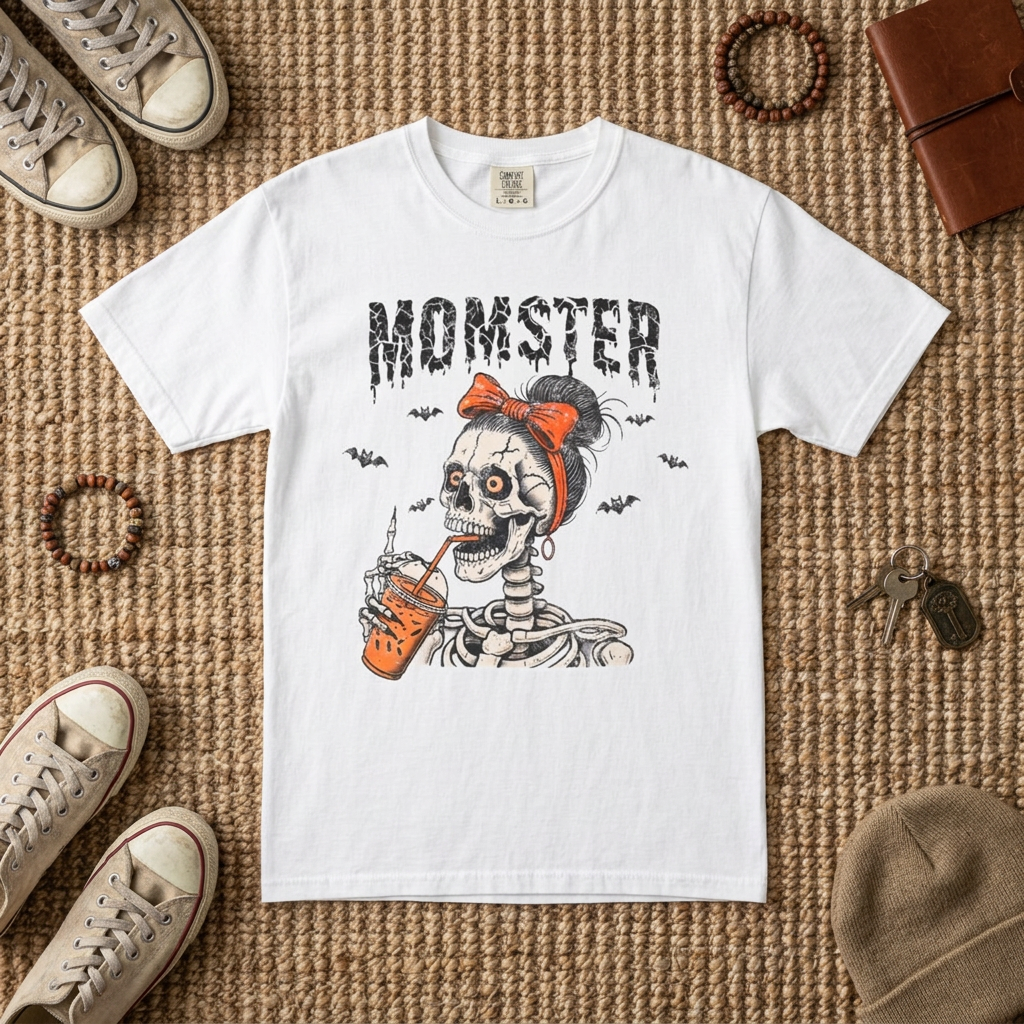 Momster Skeleton Halloween T-Shirt — Retro Skull Drinking Boba Graphic Mom Tee