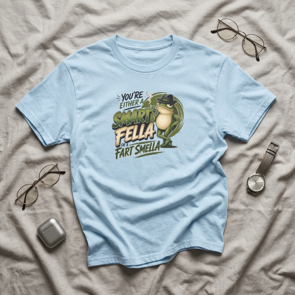 A light blue graphic t-shirt laid flat on a beige fabric background, surrounded by lifestyle props including eyeglasses, a watch, and a wireless earbud case. The shirt features a graphic of a green frog wearing a black hat and the text 'YOU'RE EITHER SMART FELLA  OR A FART SMELLA'.