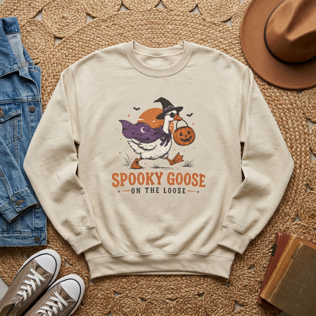 Cute Spooky Goose Halloween Sweatshirt – Funny Witch Goose On The Loose Pullover Shirt